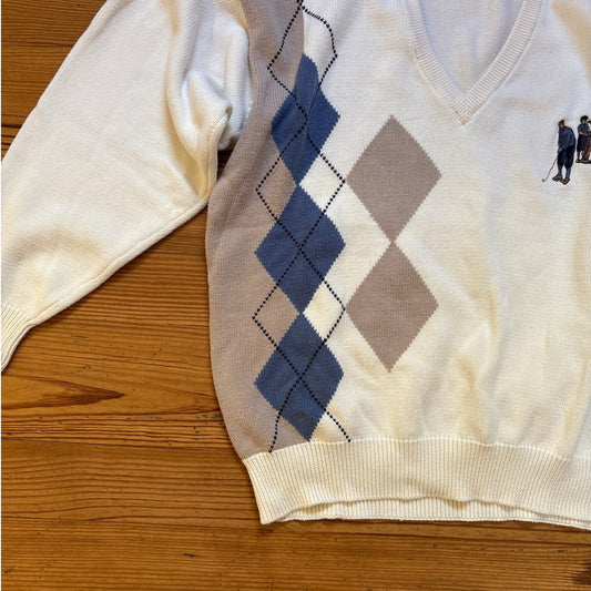 VTG Pringle ivory knit argyle golf embroidered grandpa v neck sweater SIZE L
