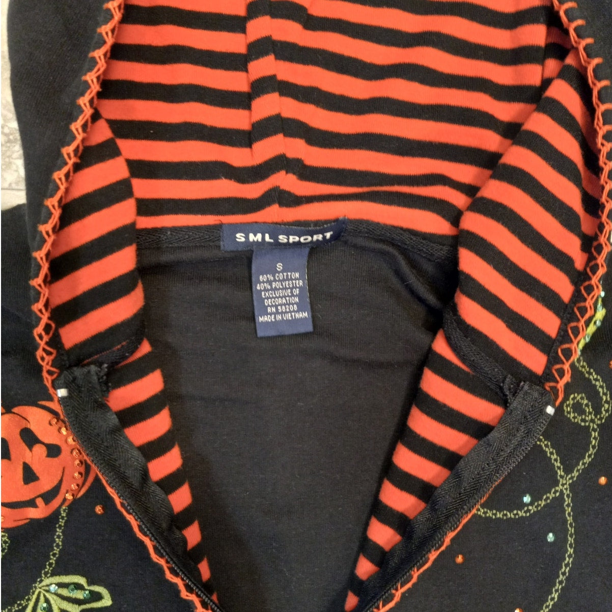 SML Sport black pumpkin Halloween full zip hooded cardigan sweater SIZE S