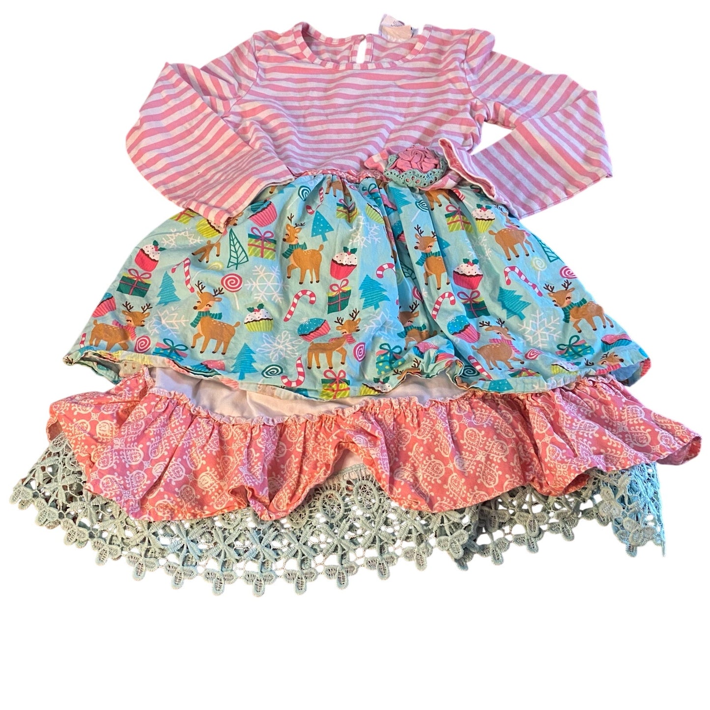 Counting Daisies pink striped tiered holiday reindeer mixed pattern dress SIZE 8