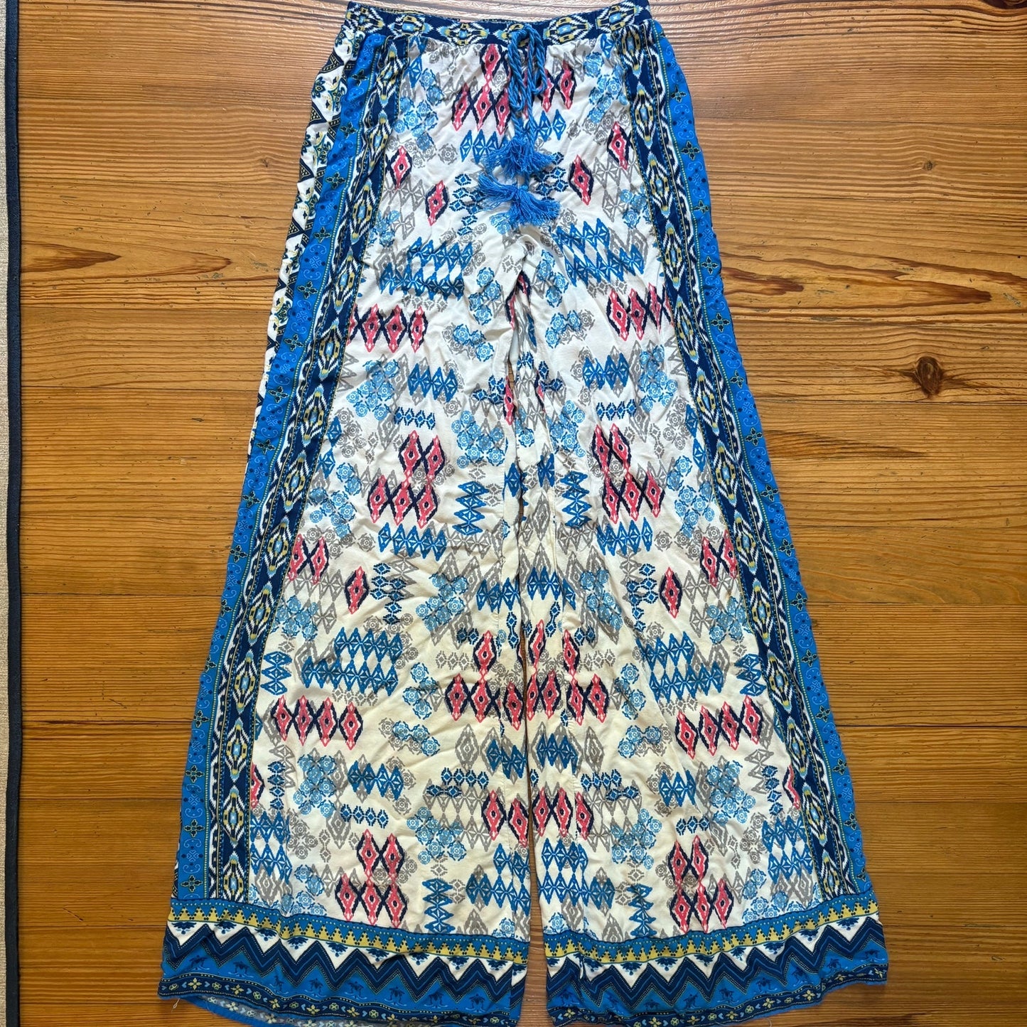 Flying Tomato blue white patterned wide leg elastic waistband pants SIZE S