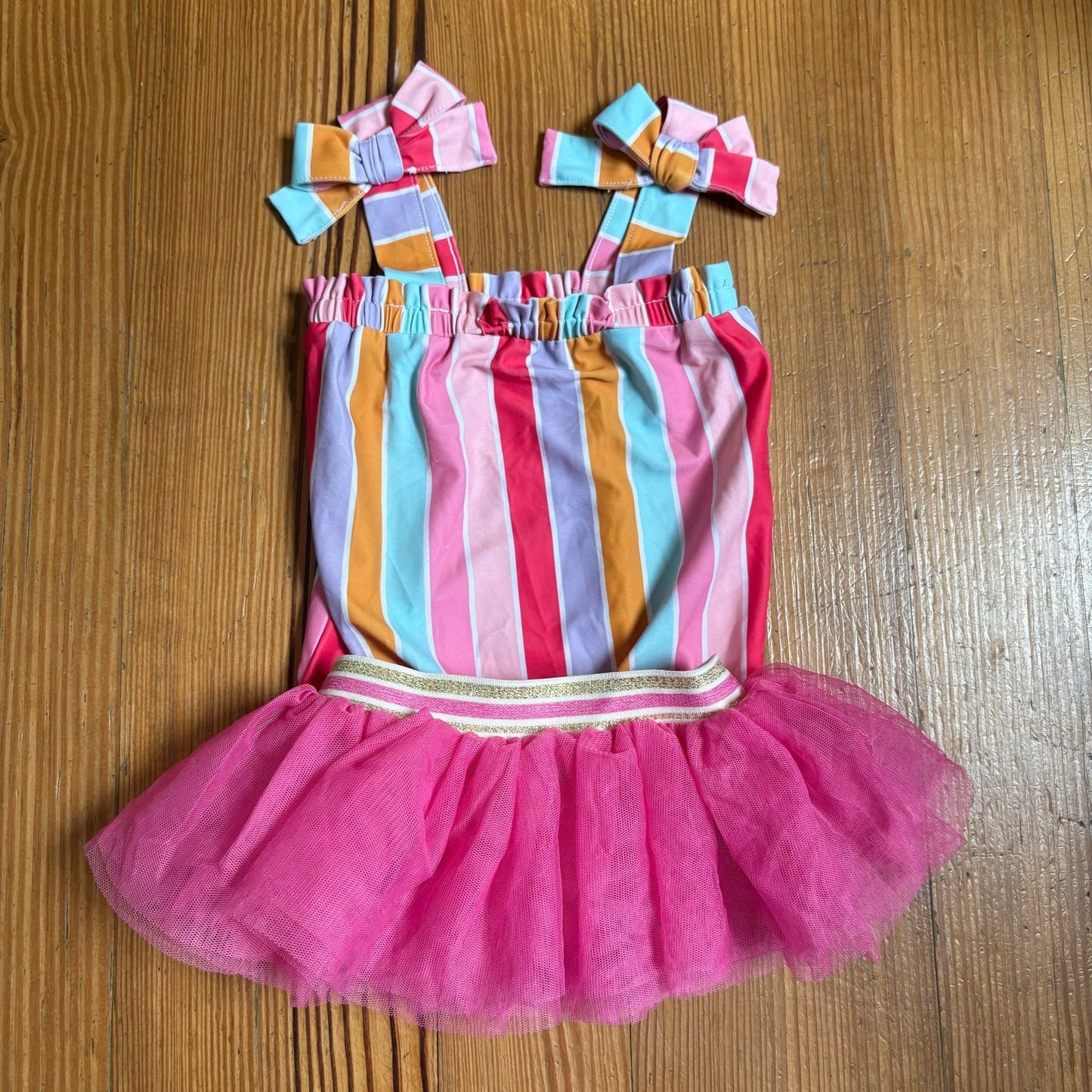 Mud Pie pink striped bow one piece tutu swimsuit SIZE 12-18M
