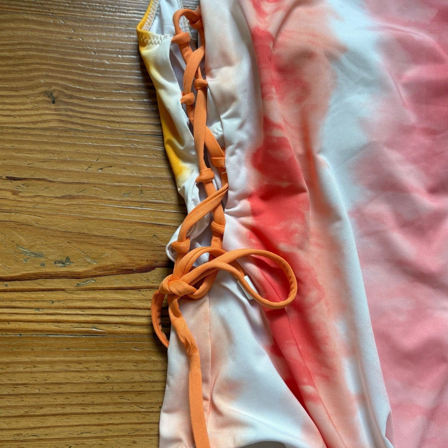 Sanctuary pink yellow orange tie dyed lace side one piece swimsuit SIZE L