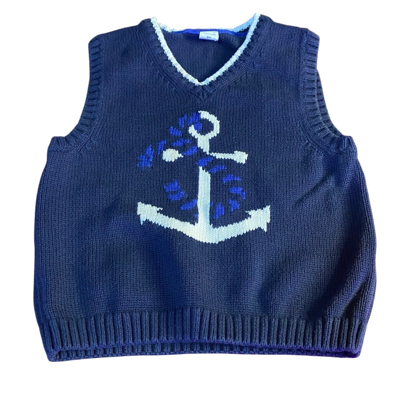 Janie and Jack navy blue white anchor knit boys sweater vest SIZE 2T