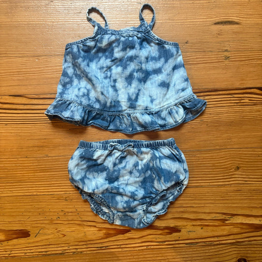 Gap denim tie dyed tan bloomers ruffle baby set SIZE 6-12M