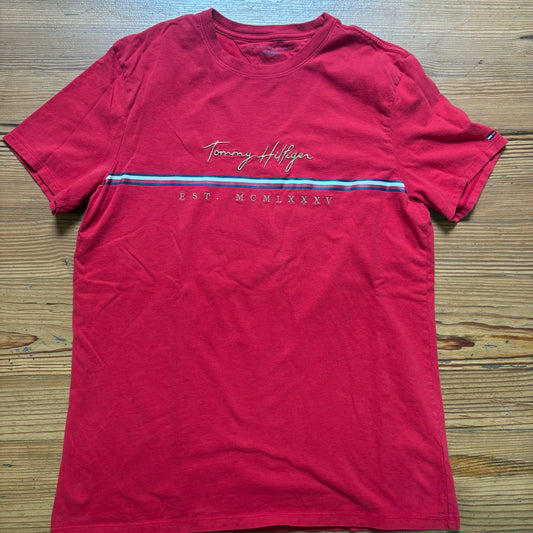 Tommy Hilfiger red retro gold embroidered cotton short sleeve mens shirt SIZE M
