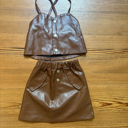 Shein dark brown faux leather tank skirt girls set SIZE 6