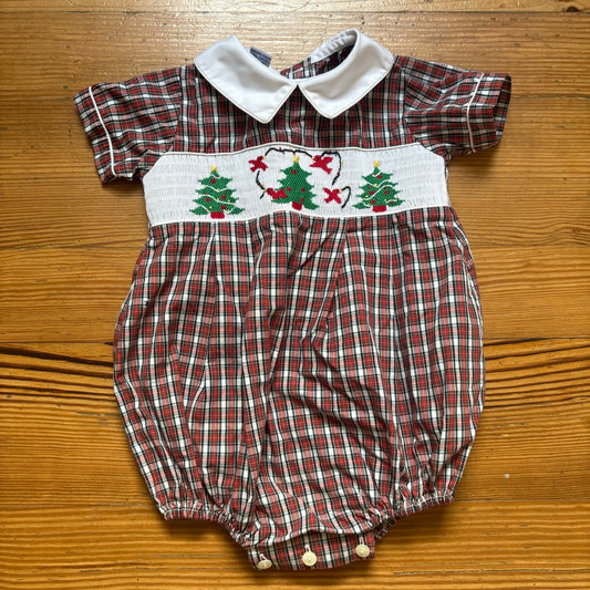 Anavini red Christmas tree checkered holiday smocked bubble SIZE 18M