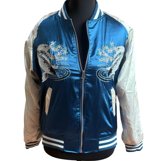HaoDuoYi blue white satin Asian Koi floral embroidered full zip jacket SIZE M