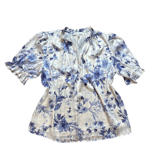 Maison d' Amelie blue toile short puff sleeve plunge neckline blouse SIZE M