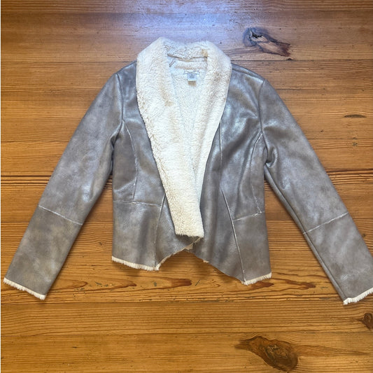 Cache silver metallic faux suede white sherpa lined open jacket SIZE XS
