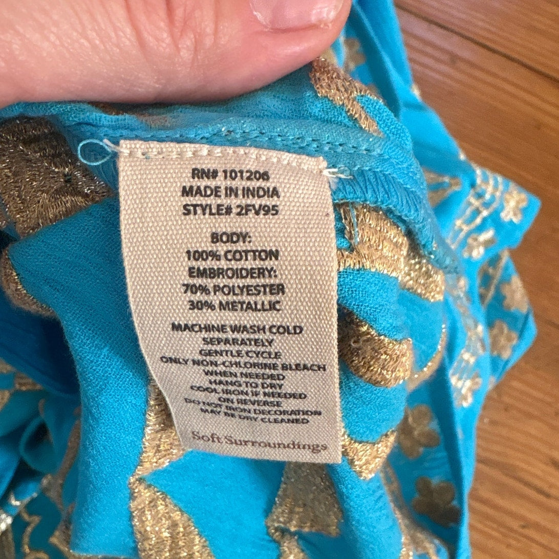 NWT Soft Surroundings Zaneta turquoise blue gold embroidered dress SIZE L