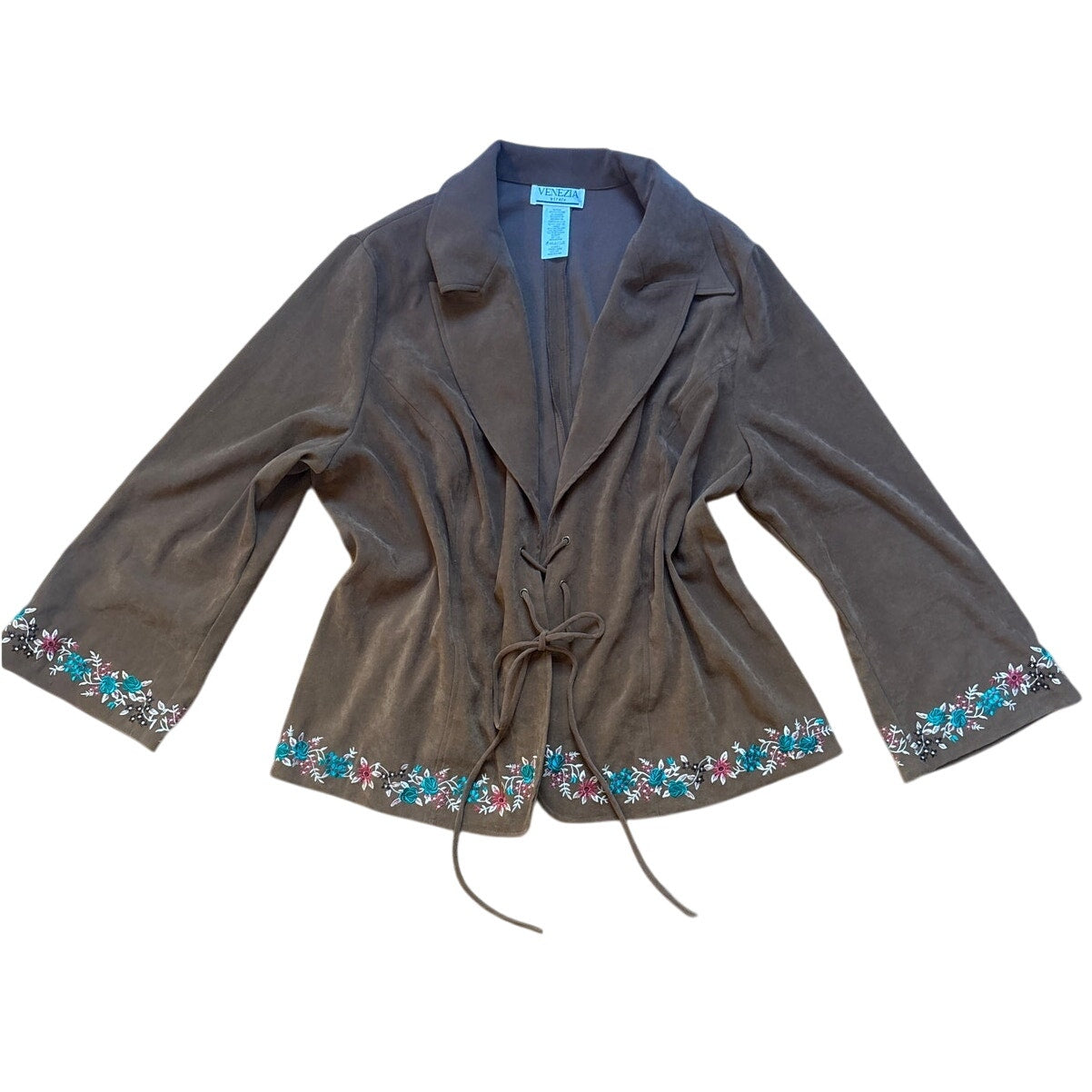 Venezia faux suede leather embroidered bell sleeve tie front jacket SIZE 22