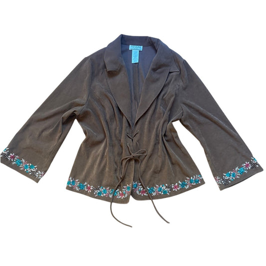 Venezia faux suede leather embroidered bell sleeve tie front jacket SIZE 22