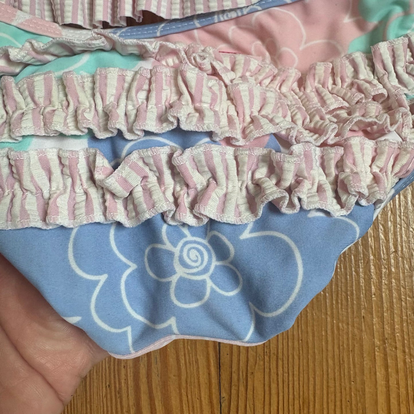 Ruffle Butts blue green florals two piece rashguard baby swimsuit SIZE 12-18M