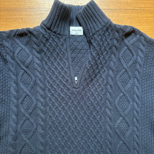 Sunday Best dark blue merino wool quarter zip henley cable knit sweater SIZE XXS