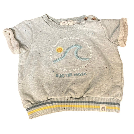 Rabbit Bear gray terry cloth lined wave embroidered short sleeve sweatshirt 24M