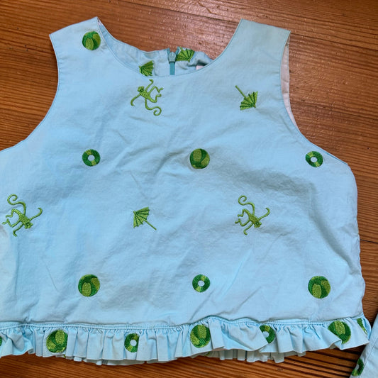 Lilly Pulitzer vintage light blue monkey embroidered cropped top pant set SIZE 10