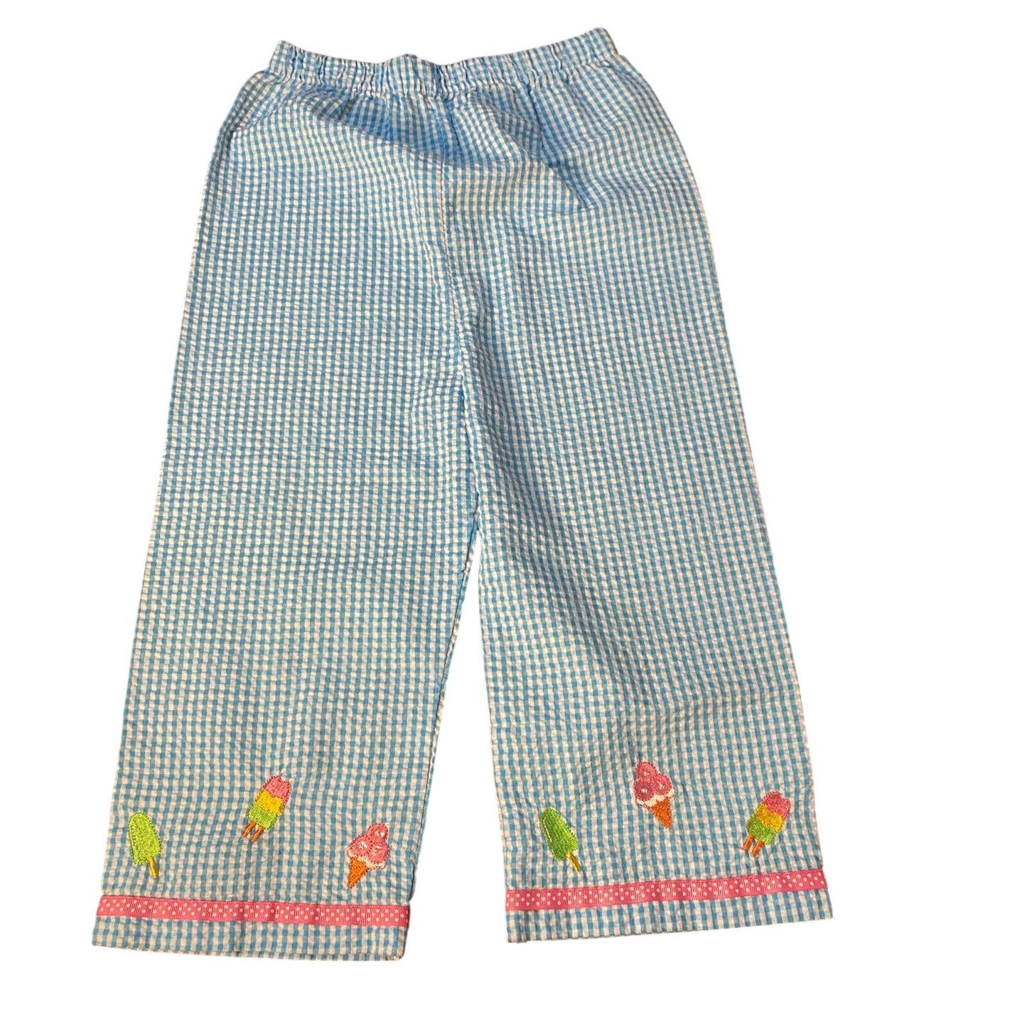 Rare Editions blue gingham ice cream embroidered tank shirt pant set SIZE 6