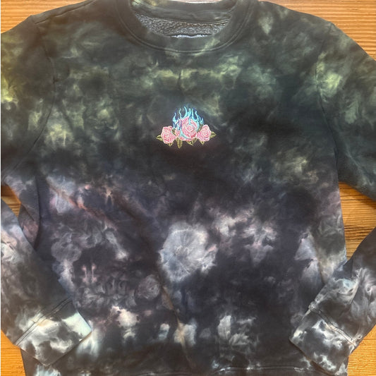 Blind Rooster dark tie dyed floral embroidered crew sweatshirt SIZE S