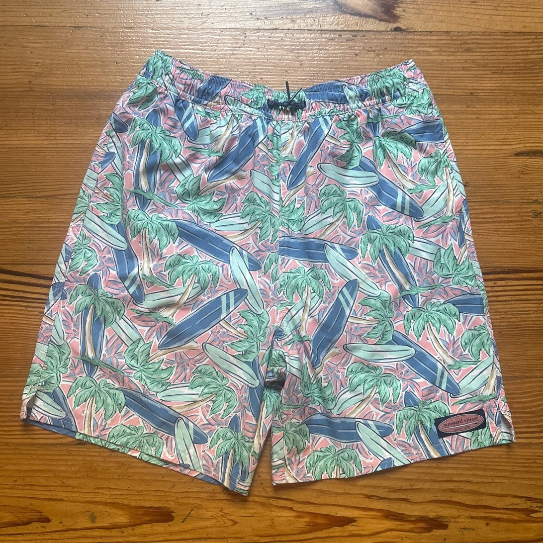 Vineyard Vines Chappy blue pink pastel surfboard palm tree swim trunks SIZE XL