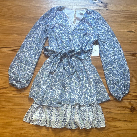 NWT Japna blue floral tiered long puff sleeve tie waist mini dress SIZE XS