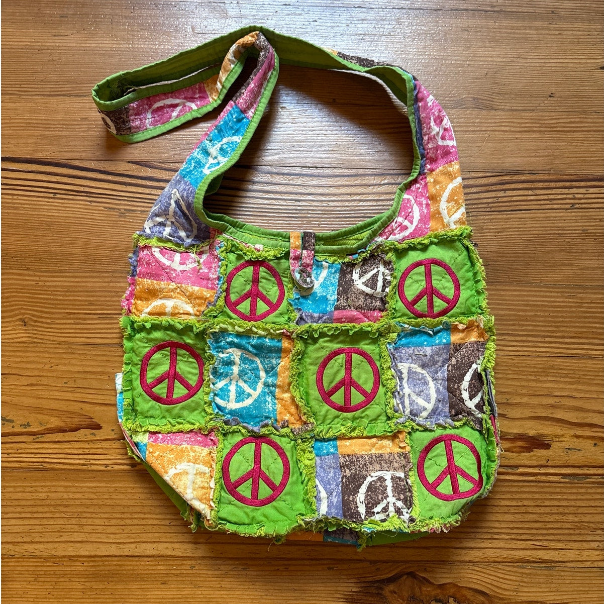Green colorful patchwork peace sign boho crossbody rag bag