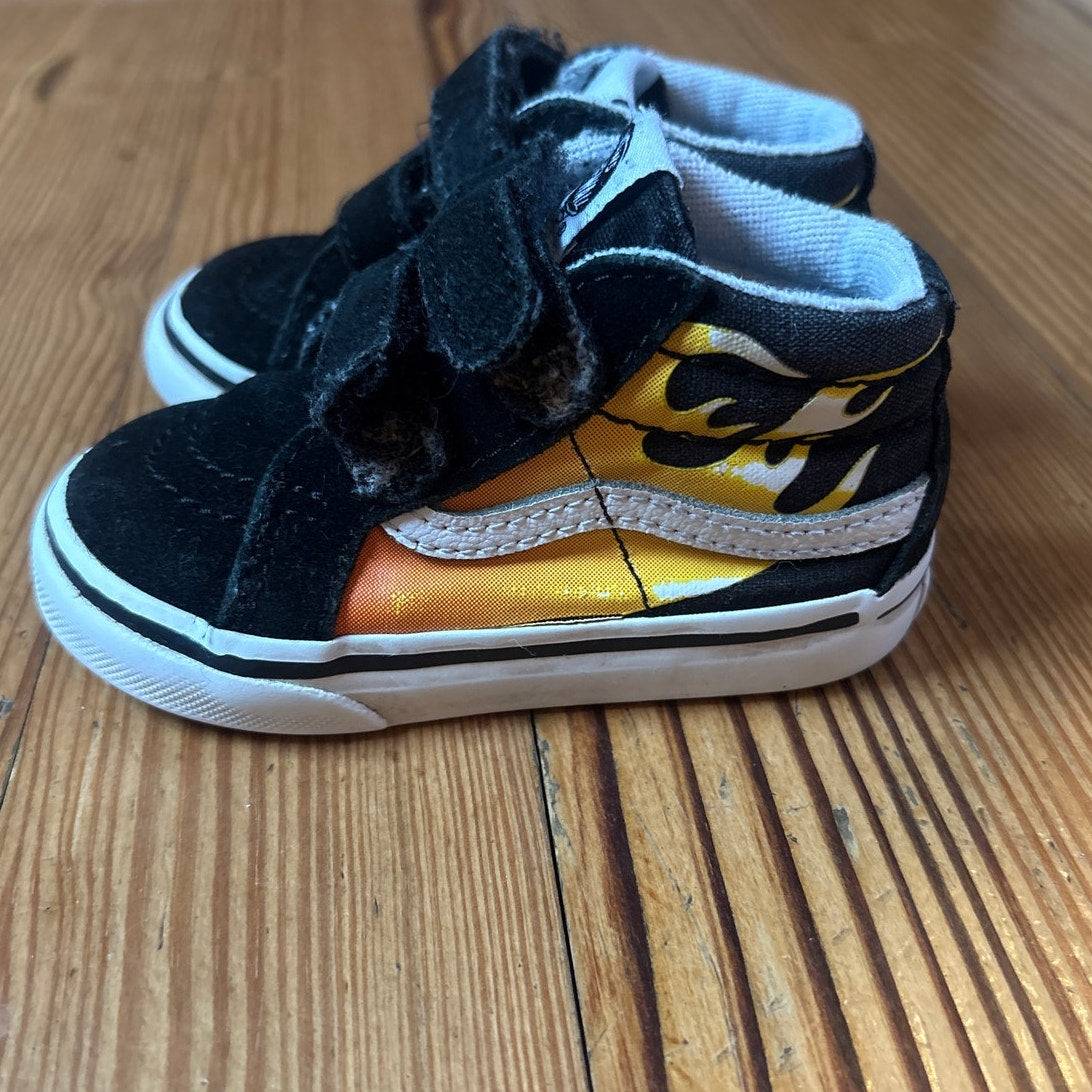 VANS black suede red orange flame high top velkro sneakers SIZE 5