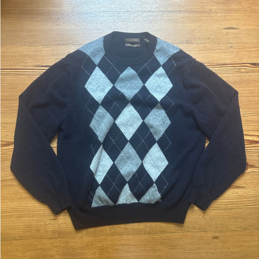 Paolo Mondo cashmere dark navy gray argyle crew mens sweater SIZE XL