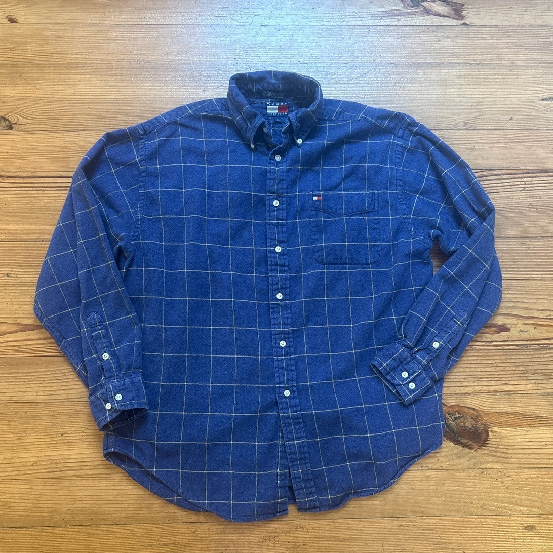 VTG Tommy Hilfiger blue plaid cotton long sleeve button up mens shirt SIZE L