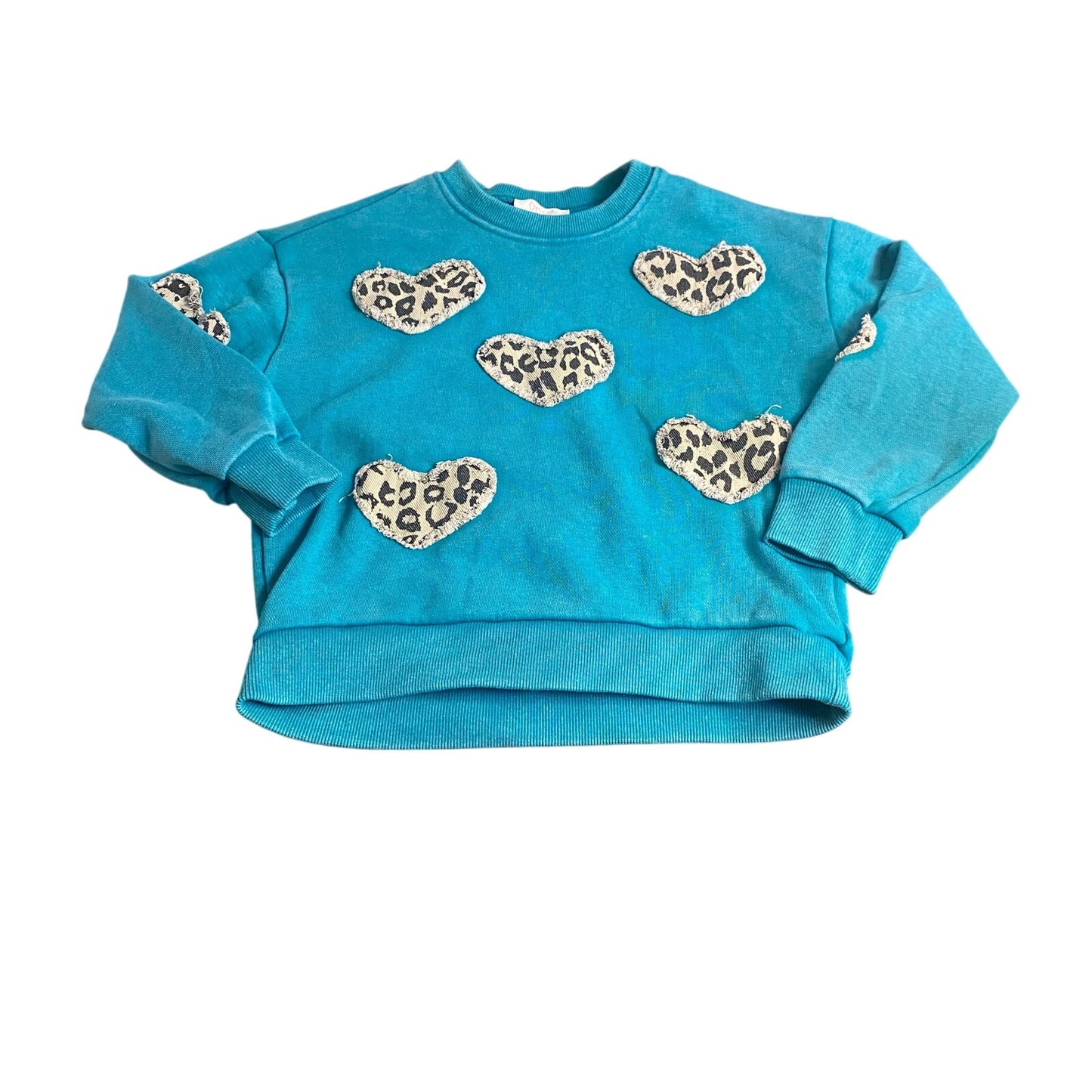 ODDY teal blue leopard print heart pattern pullover crew sweatshirt SIZE M