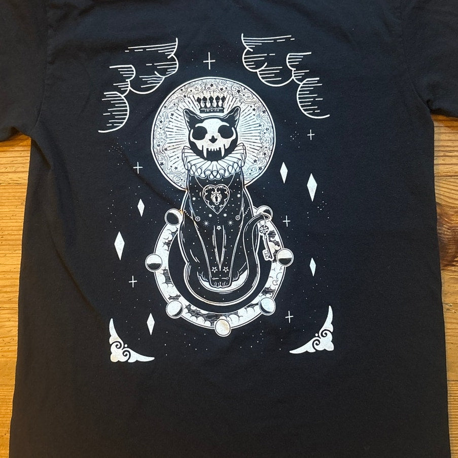 Spencers black gothic skeleton crown cat short sleeve shirt SIZE S