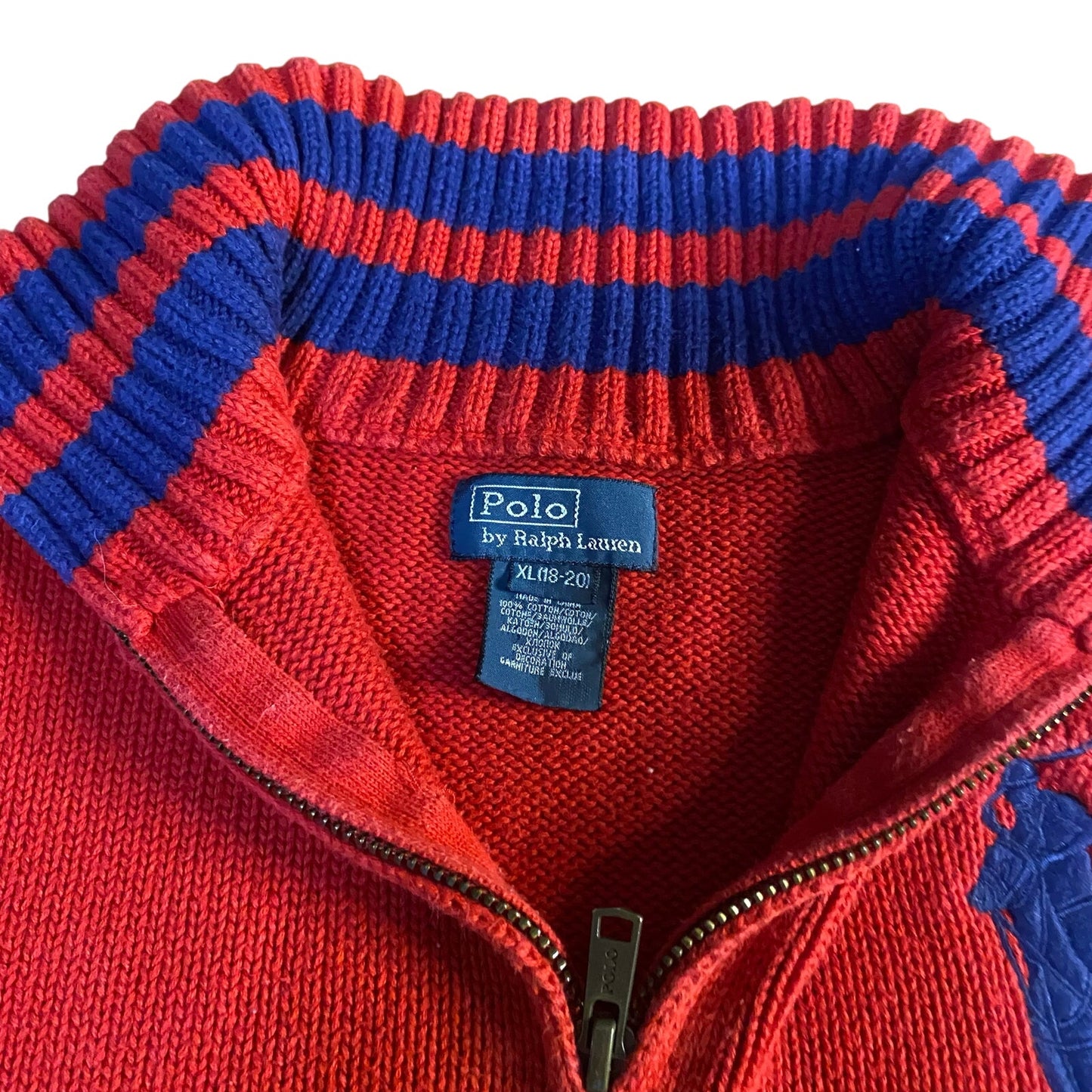Polo Ralph Lauren red knit quarter zip blue lined collar boys sweater SIZE XL