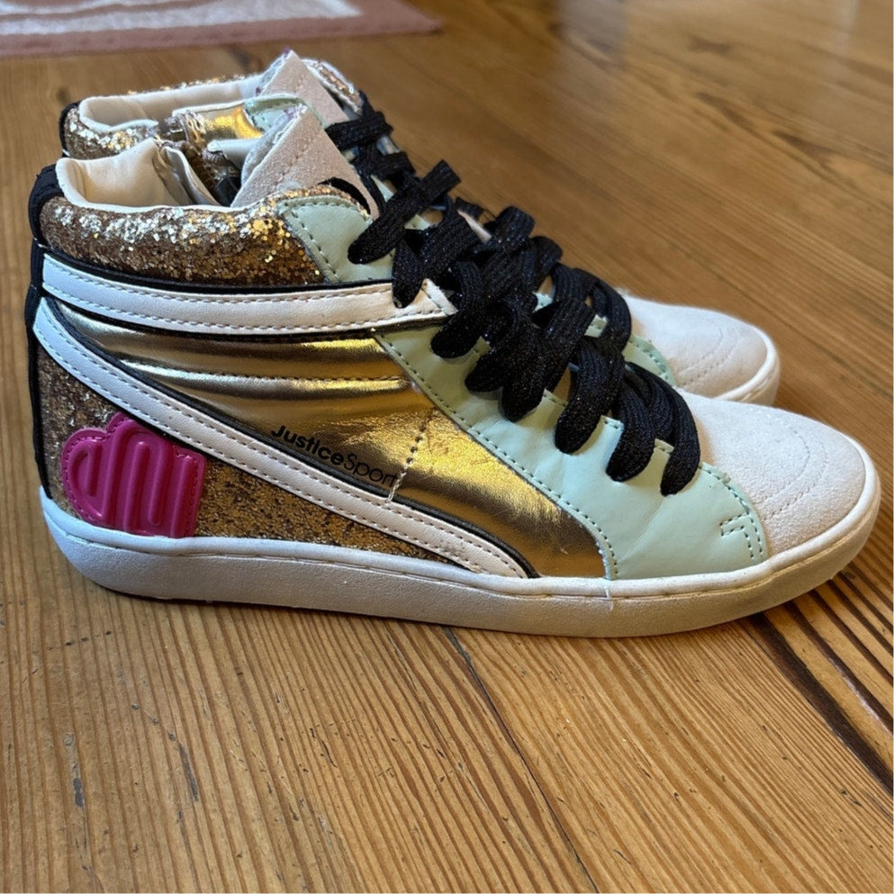 Justice Sport metallic gold glitter high top zipper side girls sneakers SIZE 4