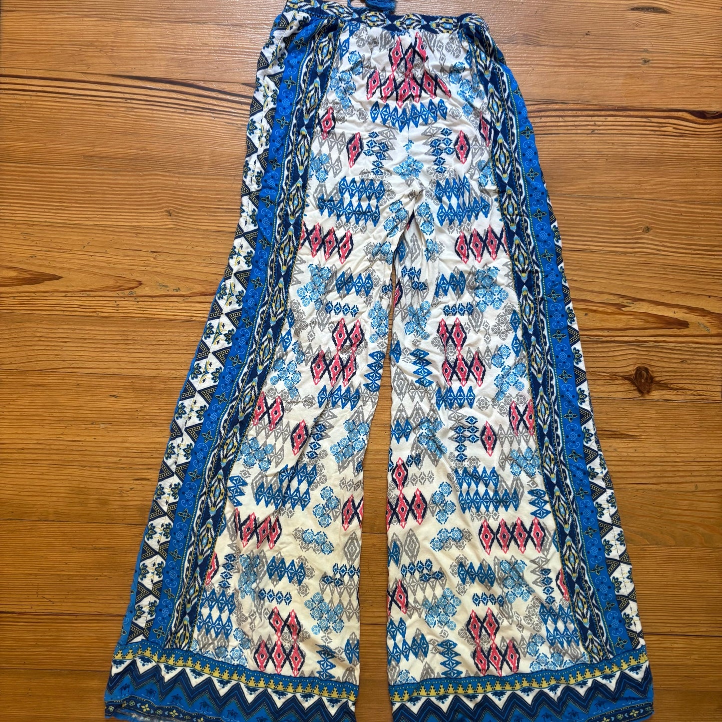 Flying Tomato blue white patterned wide leg elastic waistband pants SIZE S
