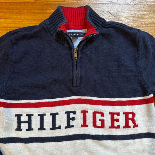 Tommy Hilfiger blue white quarter zip boys mock neck sweater SIZE L