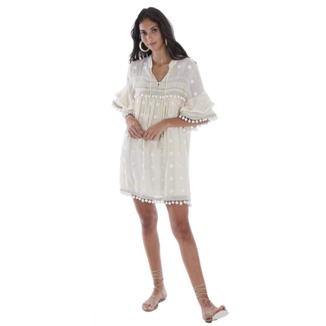 Allison off white pom pom embroidered polka dot ruffle shirt dress SIZE M