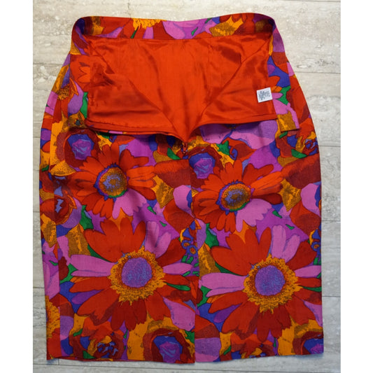 VTG silk red pink floral zipper back pencil skirt SIZE 6