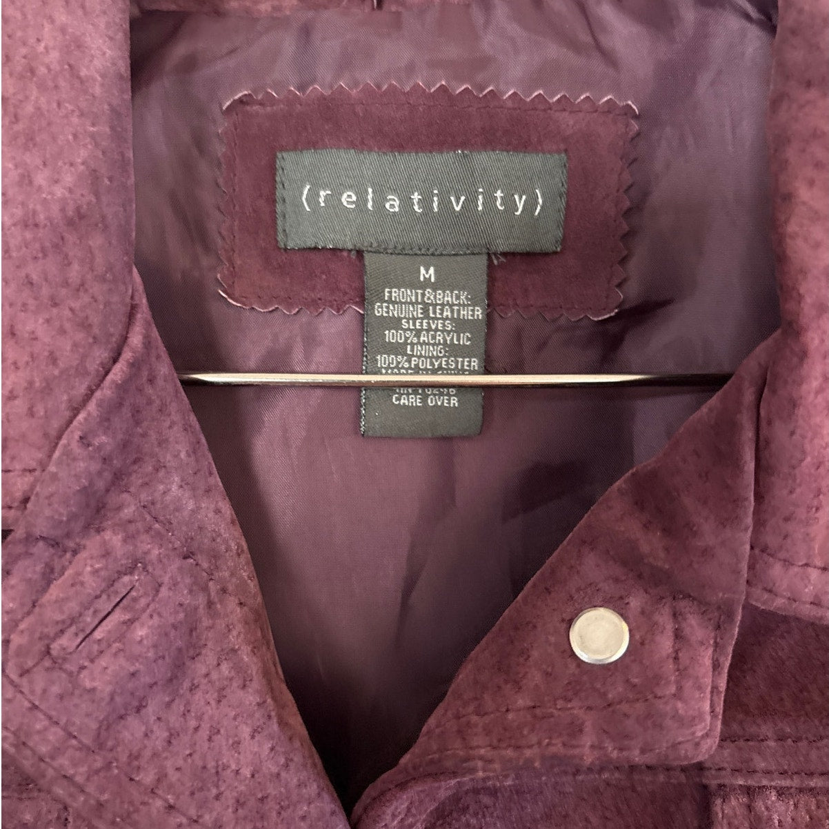 Relativity plum purple leather sweater sleeve button bomber jacket SIZE M