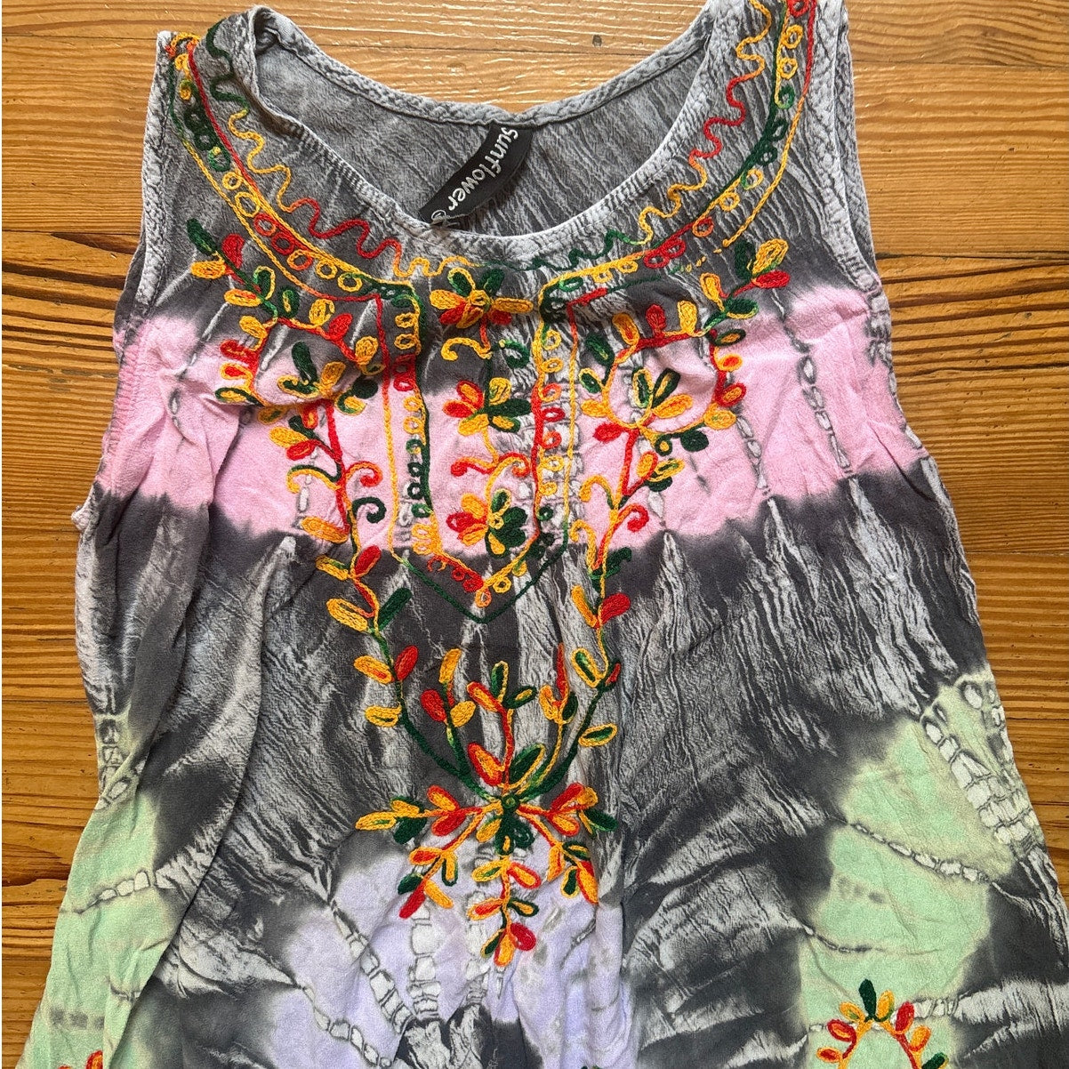 Sunflower black acid wash floral embroidered tie dyed tank dress SIZE L