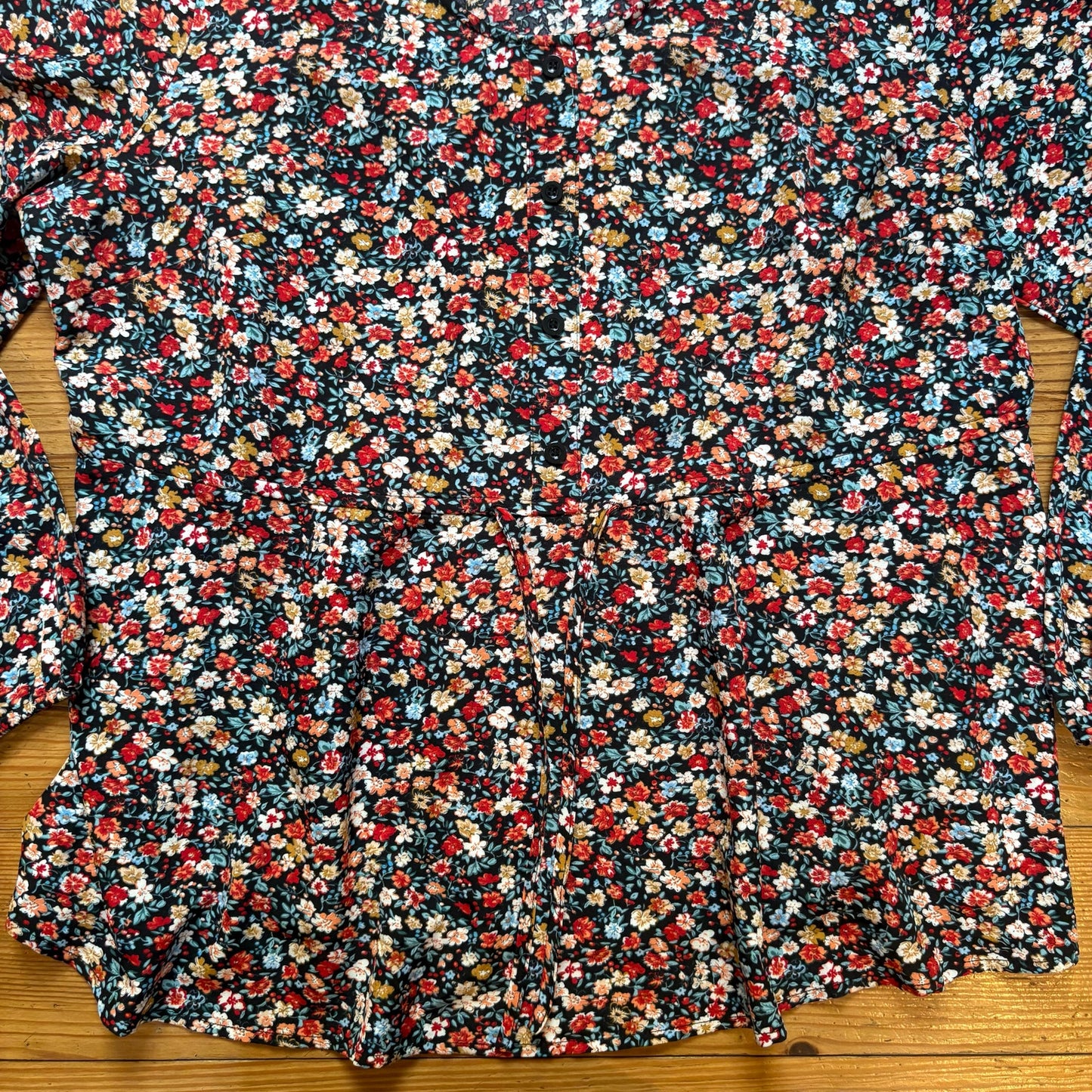 Agnes Orinda black floral long sleeve adjustable waist tunic shirt SIZE XL