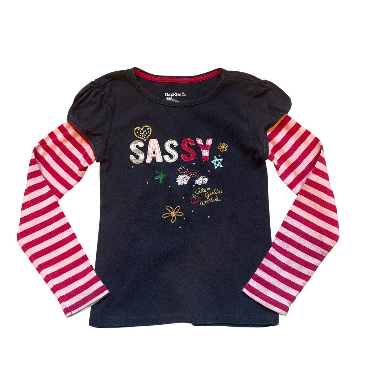 Gap pink striped navy long sleeve Sassy embroidered sequin shirt SIZE S