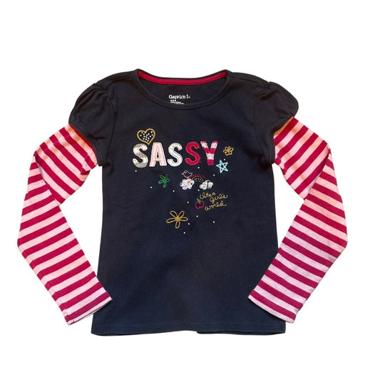 Gap pink striped navy long sleeve Sassy embroidered sequin shirt SIZE S