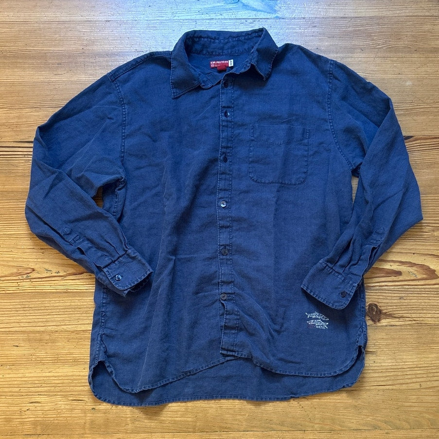 Guess 90s linen dark blue fish long sleeve mens button up shirt SIZE XL
