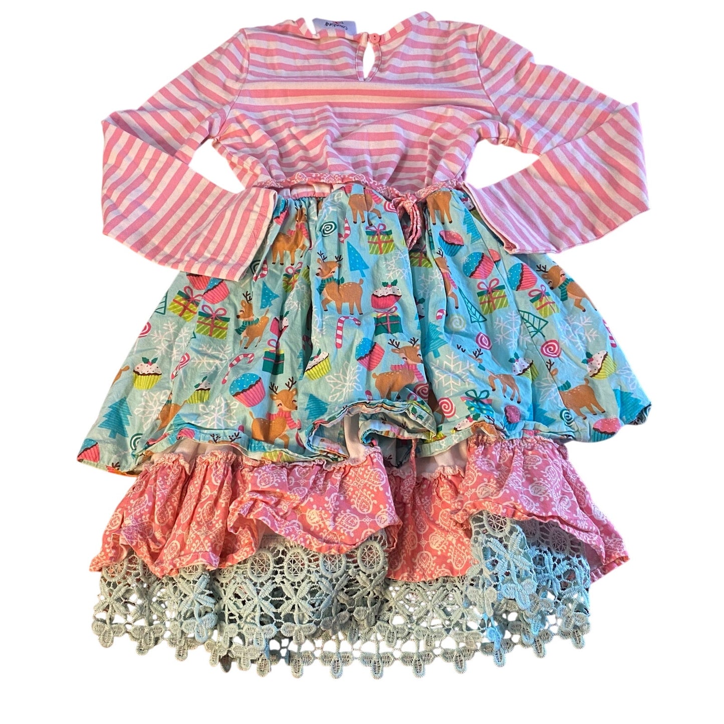 Counting Daisies pink striped tiered holiday reindeer mixed pattern dress SIZE 8
