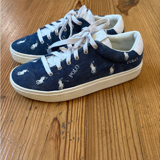 Polo Ralph Lauren denim embroidered white pony low top lace sneakers SIZE 6.5