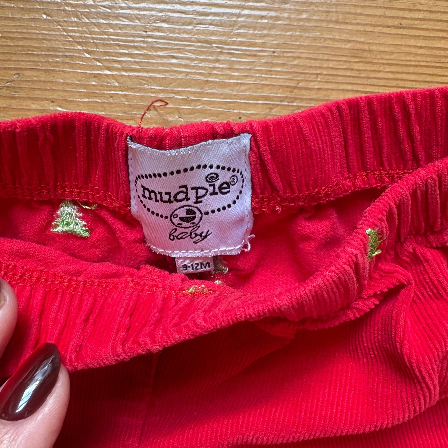 Mudpie red corduroy Christmas tree embroidery elastic waistband pants SIZE 9-12M
