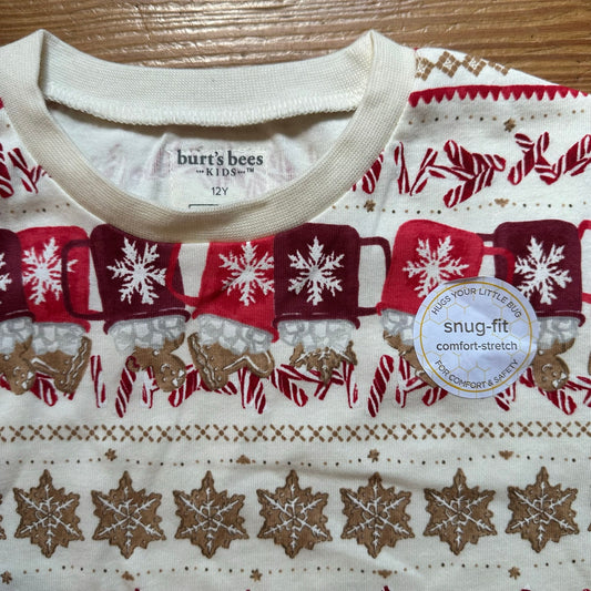 NWT Burt's Bees red beige Christmas cookie long sleeve pant pajama set SIZE 12