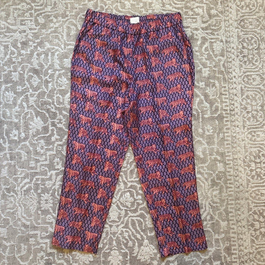 J. Crew Collection purple tiger silk pull on elastic waist trouser pants SIZE 14