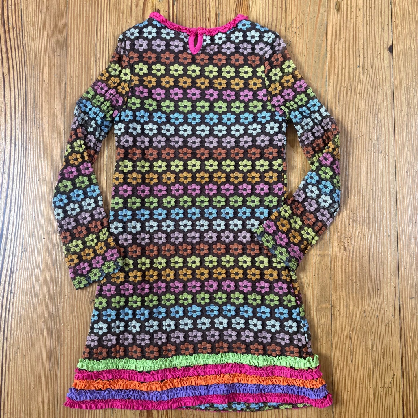 Rare Editions 70s brown floral sheer sleeve ruffle bottom girls dress SIZE 10