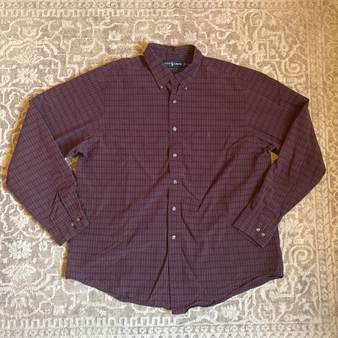 Ralph Lauren dark red green plaid long sleeve classic mens dress shirt SIZE XL